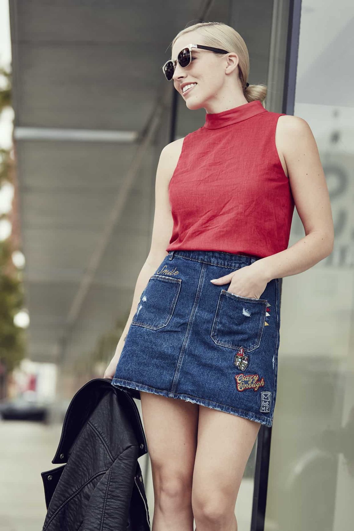 Daytime Look: Patched Denim Skirt