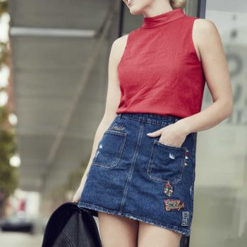 Daytime Look: Patched Denim Skirt