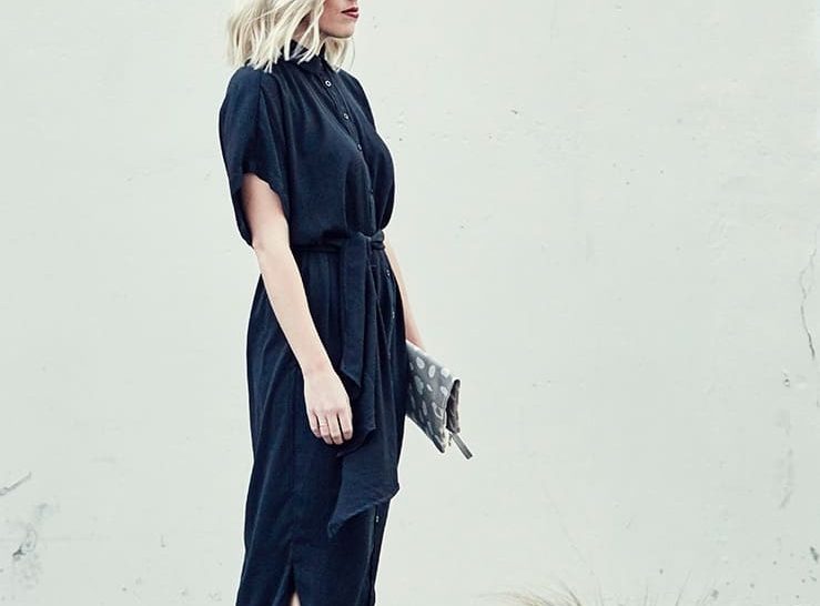 BLACK MIDI DRESS + WHITE SNEAKERS
