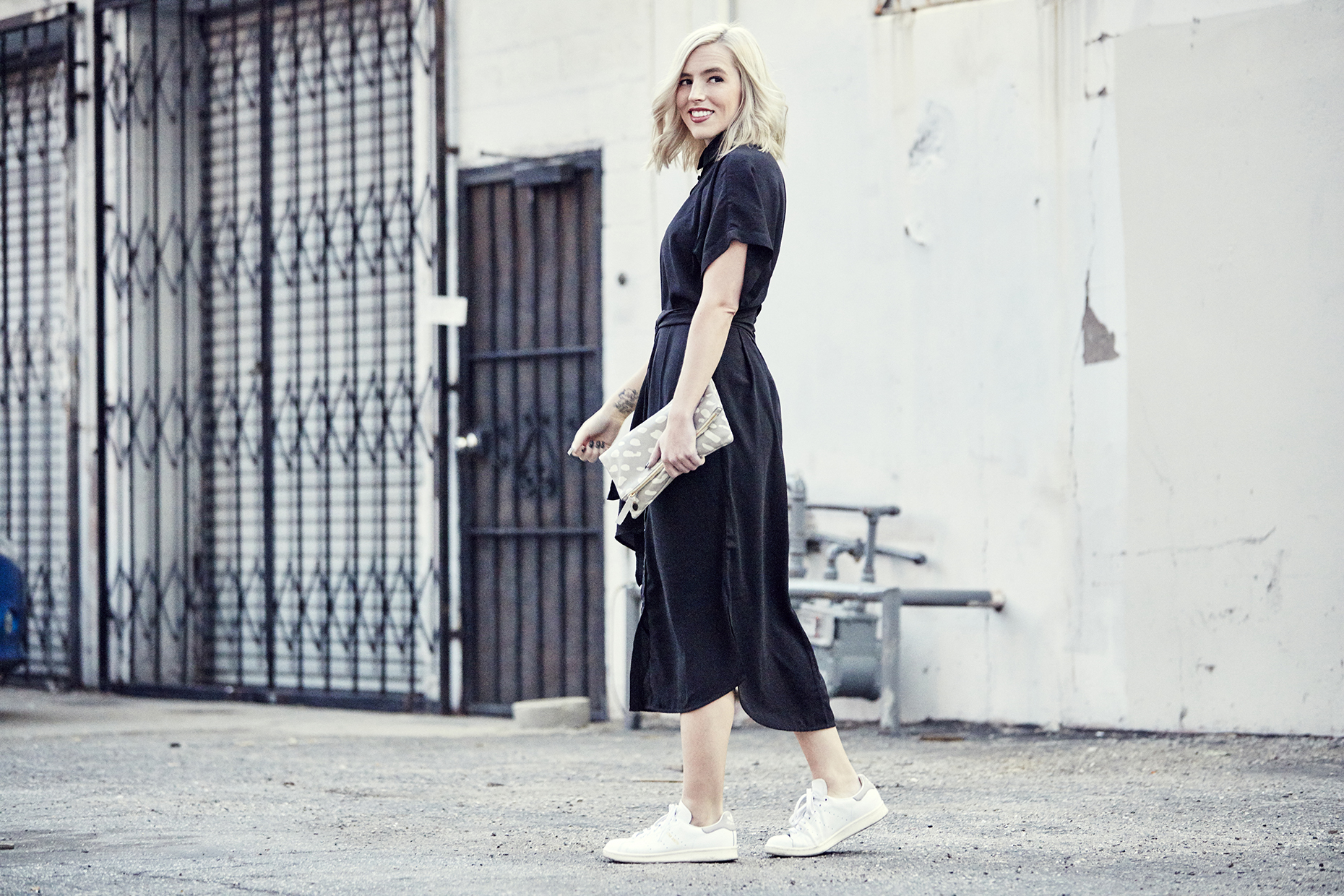 midi dress and sneakers
