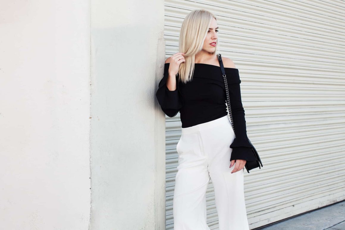 WINTER WHITE CULOTTES + A BLACK OFF THE SHOULDER TOP