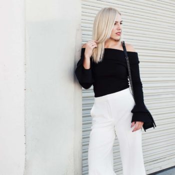 WINTER WHITE CULOTTES + A BLACK OFF THE SHOULDER TOP
