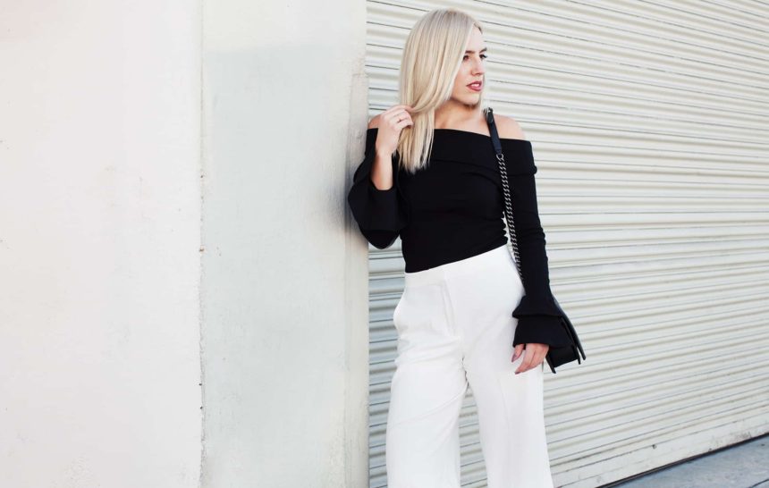 WINTER WHITE CULOTTES + A BLACK OFF THE SHOULDER TOP
