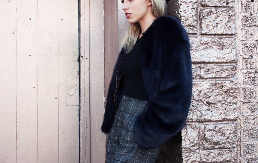 FAUX FUR + PLAID PANTS